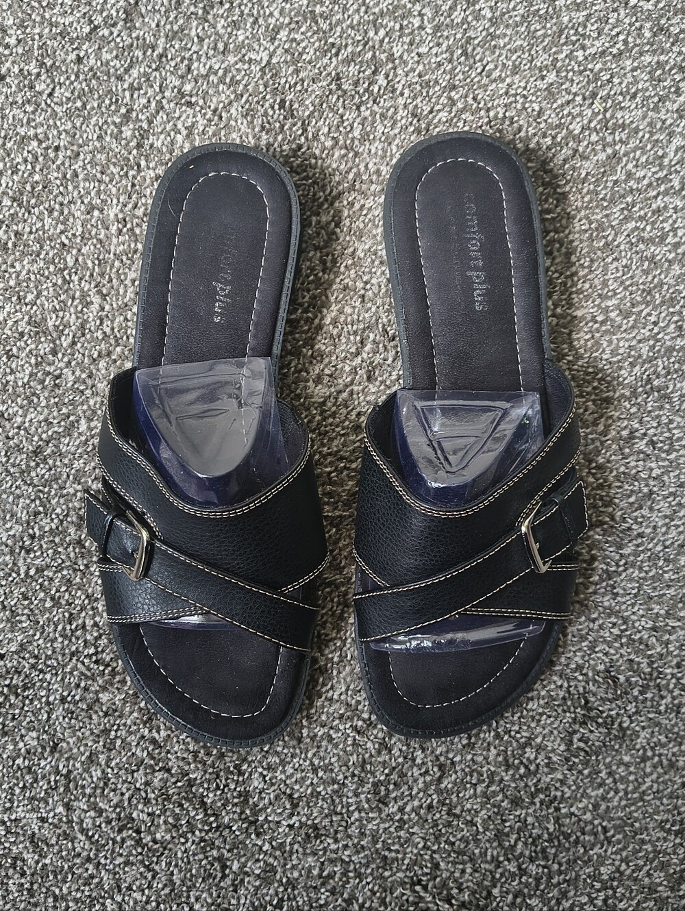 Comfort Plus Black Criss-Cross Slide Sandals - Faux Leather Buckle Detail 10wide